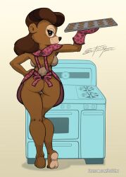 anthro apron ass back_boob barely_visible_genitalia barely_visible_pussy bear breasts brown_body brown_eyes brown_fur brown_hair clothing color_edit colored disney female fur genitals hair handwear hi_res looking_at_viewer looking_back looking_back_at_viewer mammal oven_mitts pussy rebecca_cunningham scificat solo talespin tan_body tan_fur text third-party_edit url