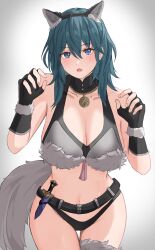 1girls absurdres alternate_costume animal_ears arms_up bare_midriff bare_shoulders bare_thighs belt black_gloves black_panties blue_eyes blue_hair bra breasts byleth_(female)_(fire_emblem) byleth_(fire_emblem) byleth_(fire_emblem)_(female) cleavage collarbone dagger fake_animal_ears female female_only fingerless_gloves fire_emblem fire_emblem:_three_houses fur fur-trimmed_bra fur_trim gloves hair_between_eyes highres jewelry knife large_breasts looking_at_viewer midriff navel nintendo panties parted_lips peli_cantaro pendant shoulders solo tail teal_hair thighs underwear weapon wolf_ears wolf_girl wolf_tail