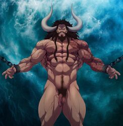 1boy abs balls ballsack bara beard beefy black_hair chained_wrists chains facial_hair flaccid_penis foreskin foreskin_folds hairy_balls horns humanoid humanoid_penis intact kaido_(one_piece) long_foreskin long_hair_male male male_nipples male_only male_pubic_hair masculine mature_male muscles muscular_male mustache nude_male one_piece pecs penis ryans scar scrotum solo tattoo tattooed_arm testicles uncut unretracted_foreskin veiny_muscles veiny_penis