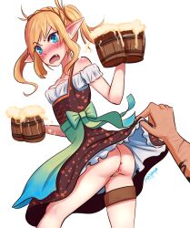 1girls angry anus ass beer beer_mug blonde_hair blue_eyes blush dirndl dress dress_lift elf elf_ears female_pubic_hair frills looking_at_viewer looking_back no_panties original original_character petite plain_background pointy_ears poppytart pubic_hair pussy small_breasts snaggle_tooth thigh_strap twintails