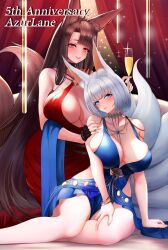 2girls akagi_(azur_lane) akagi_(ruby-laced_beauty)_(azur_lane) alcohol animal_ear_fluff animal_ears anniversary azur_lane bare_shoulders black_gloves blue_dress blue_eyes blue_gemstone breasts brown_hair brown_tail champagne champagne_flute cleavage cocktail_dress cup dress drinking_glass english_text evening_gown feather_boa feet_out_of_frame fingerless_gloves fox_ears fox_girl fox_tails gem gloves halter_dress halterneck highres huge_breasts kaga_(azur_lane) kaga_(exalted_white_wings)_(azur_lane) kangaruu_(momotk1109) kitsune kyuubi large_tail light-skinned_female light_skin long_hair looking_at_viewer multiple_girls multiple_tails o-ring_dress official_alternate_costume red_dress red_eyes sakura_empire_(azur_lane) short_hair sleeveless tail very_long_hair white_hair white_tail