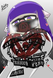 big_breasts huge_breasts inkling inkling_girl japanese_text long_sleeves looking_down mask nintendo oc purple_eyes purple_hair purple_tentacles shin_arialente splatoon splatoon_2 steamy_breath tentacle_hair yellow_eyes