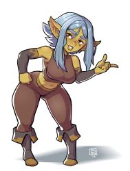 1girls amber_eyes bent_over blue_hair clothing dalehan female female_only goblin goblin_female green_skin looking_at_viewer pointy_ears rissma_(maewix1) smiling smiling_at_viewer solo white_background