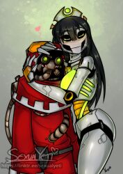 1boy 1girls adeptus_mechanicus artist_name ass black_hair blush closed_eyes cyborg female head_grab hoodie hug imperium_of_man large_breasts long_hair mask necron robot sexualyeti size_difference source_request straight taller_female techpriest warhammer_(franchise) warhammer_40k