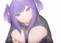 absurd_res big_breasts blue_eyes breast_squeeze breasts breasts_squeezed_together closed_mouth dragon_girl grabbing grabbing_breasts head_tilt head_wings heterochromia heterosexual hoodie nijihub nijisanji nijisanji_en no_bra purple_eyes purple_hair selen_tatsuki solo solo_female solo_focus tkn_(240tsukinoo_u) upper_body virtual_youtuber