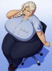 bbw better_with_salt big_breasts blonde_hair braided_hair breasts breasts_bigger_than_head buttoned_shirt chubby chubby_female fat huge_breasts large_breasts massive_breasts overweight overweight_female sat_down shirt sitting sitting_on_chair thick_thighs thighs thunder_thighs wide_hips