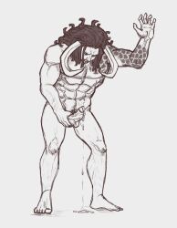 balls boner cum cum_drip elvensfw erection facial_hair horns kaido_(one_piece) male male_only monochrome muscles muscular nude one_piece penis scar solo solo_male tattoo tattooed_arm