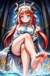 1girls 5_toes ai_generated alternate_breast_size barefoot blue_eyes blush clothed crossed_legs feet female female_focus female_only foopanthia foot_fetish foot_focus from_below genshin_impact legs legwear long_hair looking_at_viewer looking_down nilou_(genshin_impact) red_hair sitting smile sole_female soles solo solo_female solo_focus sweat sweatdrop sweaty teasing thick_thighs thighs toes