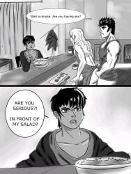 1girls 2boys 2boys1girl angry berserk black_hair bottomless casca cheating cheating_boyfriend cheating_husband cheating_male clothed_female completely_nude_male cuck cucked cuckquean cuckqueaning dialogue female female_humiliation gay gay_sex greyscale griffith guts_(berserk) human interrupted long_hair male meme monochrome muscular_male netorare ntr nude nude_male parody right_in_front_of_my_salad right_in_front_of_my_salad?_(meme) salad sex short_hair white_hair yaoi