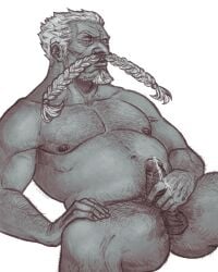 balls boner cum elvensfw erection facial_hair male male_only masturbation monochrome muscles muscular nude one_piece penis sitting solo solo_male spread_legs zeff