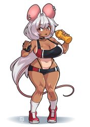 1girls alina_(zanamaoria) bottle dalehan earrings female female_only fingerless_gloves holding_bottle long_hair looking_at_viewer mole mole_on_breast mouse_ears mouse_girl mouse_tail red_eyes solo sportswear tail tan_skin tanline thong_above_shorts thong_straps white_background white_hair