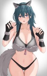 1girls alternate_costume bare_midriff bare_shoulders bare_thighs black_panties blue_eyes bra breasts byleth_(fire_emblem) byleth_(fire_emblem)_(female) cleavage collarbone female female_only fingerless_gloves fire_emblem fire_emblem:_three_houses fur gloves hair_between_eyes large_breasts looking_at_viewer midriff nintendo panties peli_cantaro shoulders solo tail teal_hair thighs underwear wolf_girl