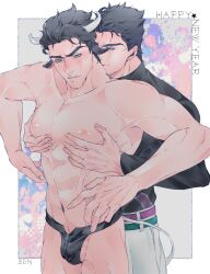 2boys black_hair diamond_is_unbreakable dilf gay jojo's_bizarre_adventure jotaro_kujo male male/male male_nipples male_only mostly_nude muscular_male no_hat pecs thong yaoi