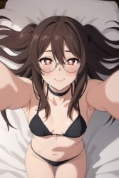 1girls ai_generated bed bikini black_bikini blush brown_hair genshin_impact glasses happy hu_tao_(genshin_impact) incoming_hug incoming_kiss looking_at_viewer lying_on_bed medium_breasts petite pov red_eyes round_glasses smile twintails