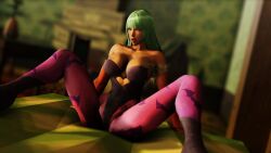 1girls 3d arm_support bat_wings big_breasts breast_veins busty capcom cleavage clothing darkstalkers green_eyes green_hair hi_res large_breasts leotard long_hair looking_at_viewer medium_breasts morrigan_aensland open_mouth sitting spread_legs succubus virtualblueam2