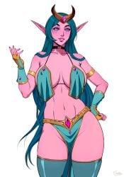 1girls aqua_eyes breast_curtains darkra elf elf_ears fingerless_gloves green_hair harem_outfit large_breasts loincloth long_hair lulusa_wildmist original_character pelvic_curtain pointy_ears slave_bikini warcraft world_of_warcraft