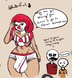 big_thighs buckteeth bulge clown_girl futanari huge_balls huge_cock l0rnful light-skinned_futanari male meme_reference oc original_character panties red_hair