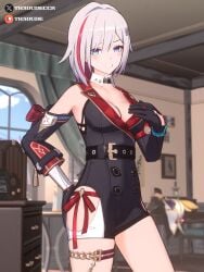 3d blender blue_eyes cleavage collar collarbone embarrassed female gloves honkai:_star_rail honkai_(series) light-skinned_female light_skin nonude short_hair silver_hair smile smiling smiling_at_viewer th3dude thigh_strap thighs topaz_(honkai:_star_rail) watermark