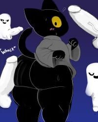 4:5 absurd_res ambiguous_gender anthro ass balls big_ass big_butt big_penis black_body black_butt black_ears black_eyes black_fur black_sclera black_tail blush blush_lines bodily_fluids bottomless bottomless_female clothed clothing dark_ass dark_body dark_butt dark_ears dark_fur dark_tail darky03 domestic_cat felid feline felis female fur genitals ghost glans google google_doodle grey_clothing grey_robe group hi_res looking_at_another looking_back looking_down magic_cat_academy mammal momo_(google) open_mouth penis penis_on_butt pink_blush pupils robe small_pupils spirit sweat sweaty_butt sweaty_face tail thick_thighs vein veiny_penis whack white_balls white_body white_eyes white_glans white_penis wide_hips yellow_sclera