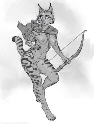 anthro bow_(weapon) breasts felid feline female fur genitals levelviolet mammal monochrome nipples pussy ranged_weapon solo spots spotted_body spotted_fur weapon