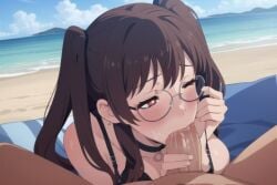 1girls ai_generated beach bikini black_bikini blowjob blush brown_hair choker cute egirl fellatio female fringe genshin_impact glasses holding_penis hu_tao_(genshin_impact) medium_breasts ocean oral partially_closed_eyes penis petite pleasure_face pov rammaken red_eyes round_glasses saliva teenager twintails