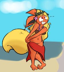 anthro beach coconut_bra eeveelution embarrassed female flareon furry loincloth pokémon_(species) pokemon robbleu tagme tribal wardrobe_malfunction