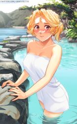 1girls blonde_female blonde_hair blonde_hair_female blush blushing_at_viewer blushing_profusely brown_eyes female female_only hot_spring light-skinned_female looking_at_viewer mathias_leth nature_background outdoors sky smile smiling smiling_at_viewer solo solo_female stina stina_(mathias_leth) towel towel_only tree wading water