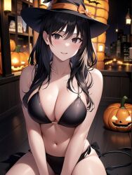 1girls ai_generated ai_mirror balcony belly_button black_bra black_eyes black_hair black_panties black_underwear blush building jack-o'-lantern lamppost long_hair looking_at_viewer looking_nervous medium_breasts pumpkin white_skin witch witch_hat wooden_floor