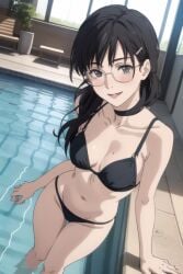 1girls ai_generated bathing bikini black_bikini black_hair blush chainsaw_man choker cyan_eyes glasses hair_clips looking_at_viewer medium_breasts mitaka_asa pool public public_pool round_glasses seductive standing water