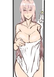 1boy 1girls 2d after_sex big_breasts breasts cigarette cuckold emotionless expressionless fate/grand_order fate_(series) female first_person_view florence_nightingale_(fate) looking_at_viewer male male/female naked naked_female netorare nude nude_female pov saber_ntrok_(artist) simple_background smoking towel towel_only type-moon