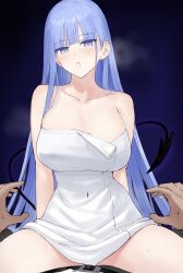 1boy 1girls 2023 absurd_res akitaka_akita arms_behind_back bare_shoulders belt blue_eyes blue_hair breasts cleavage clothed clothed_male_nude_female clothing demon_girl demon_tail eyebrows_visible_through_hair female female_focus highres large_breasts long_hair looking_at_viewer lying male male_pov matching_hair/eyes nude_cover on_back original pants pov raised_tail shirt simple_background sitting sitting_on_person steam steaming_body succubus sweat tail teeth thighs towel towel_only very_long_hair