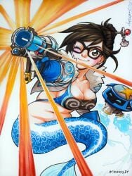 big_glasses blue_jacket brown_hair chubby chubby_female cleavate companion_bot crop_top cropped_jacket crossover drawing eye_closed firearm fish_tail floating glasses gun hair_stick holding_pistol holding_weapon hover_bot mei_(overwatch) mermaid mermaid_girl mermaid_tail mermaid_transformation monster_girl one_eye_closed overwatch overwatch_2 pencil_(artwork) pistol ranged_weapon robot signature snowball_(overwatch) traditional_media traditional_media_(artwork) water water_propulsion weapon wink winking