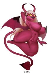 absurd_res big_breasts breasts demon demon_humanoid female genitals goldmikun helluva_boss hi_res humanoid membrane_(anatomy) membranous_wings not_furry pussy solo spade_tail succubus tail thick_thighs tongue tongue_out verosika_mayday_(helluva_boss) wings