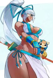 1girls arrow bandage_over_one_eye blue_eyes bow breasts dark-skinned_female dark_skin eyepatch gloves large_breasts long_hair looking_at_viewer majikina_mina samurai_shodown sarong side-tie_skirt thighs thong white_hair white_sarong