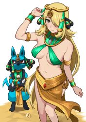 1girls alternate_costume armlet black_eyes blonde_hair bracelets breasts circlet cynthia_(pokemon) hair_ornament hair_over_one_eye long_hair looking_at_viewer lucario medium_breasts midriff milf navel neck_ring nintendo nishikino_kee pelvic_curtain pokemon pokemon_(species) pokemon_champion pokemon_dppt