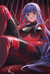 1girl 1girls asagami_fujino bdsm blue_hair bodysuit bondage bondage_outfit boots bound breasts cage chain chains corset dominatrix elbow_gloves eyebrows_hidden_by_hair fate/grand_order fate_(series) gloves kara_no_kyoukai knee_boots lalatia-meai large_breasts latex latex_bodysuit latex_boots latex_corset latex_gloves long_hair looking_at_viewer purple_hair red_eyes red_footwear sadism sitting solo thigh_boots