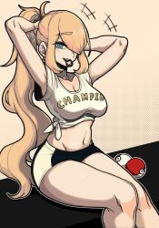 1girls adjusting_hair black_shorts blonde_hair blue_eyes breasts cynthia_(pokemon) hair_over_one_eye hair_tie hair_tie_in_mouth large_breasts looking_at_viewer masgamjya midriff milf navel nintendo pokémon pokeballs pokemon pokemon_champion pokemon_dppt ponytail shirt shorts sportswear tied_shirt white_shirt