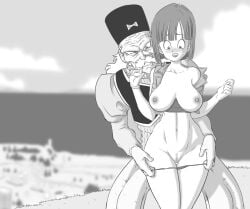 1boy 1girls age_difference areolae blush breasts bulma_briefs bulma_briefs_(androids'_saga) clothing dr_gero dragon_ball dragon_ball_z embarrassed female galaspek gritted_teeth hourglass_figure lipstick male monochrome nipples old_man older_male older_man_and_younger_girl panties panties_down pubic_hair pussy rape short_hair straight undressing undressing_another wide_eyed younger_female