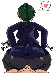 buttjob covered_buttjob glasses green_hair inside_clothing jujutsu_kaisen leggings looking_away ponytail shirt sitting_on_lap skirt sweat zenin_maki