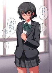 1boy backstory blush dialogue glasses pov pov_eye_contact school school_uniform skirt solo solo_male text yahyah6