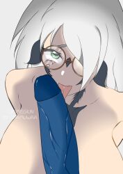 au_ra big_breasts blowjob blue_penis blue_penis final_fantasy_xiv glasses green_eyes ikaroa_ruaumoko licking looking_at_viewer pale-skinned_female pale_skin scales white_hair xaela