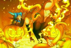 anthro big_breasts breasts digital_media_(artwork) female fish food fruit fur genitals hair halloween hi_res holidays marine nipples nude plant pumpkin pussy shark simple_background smile solo stelladraco tentacle