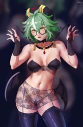 1girls alternative_costume belly_button blurry_background genshin_impact glasses green_hair jewelry painted_nails pubic_hair see-through sharp_teeth sucrose_(genshin_impact) ultrabinou underwear vampire watermark wings yellow_eyes