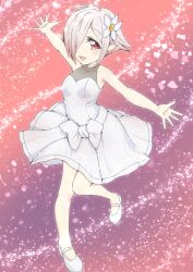 ago_ch2016 blush breasts female hair_flower jashin-chan_dropkick looking_at_viewer open_mouth persephone_ii pointy_ears red_eyes short_hair simple_background small_breasts smile solo sparkle_background spread_arms white_dress white_hair