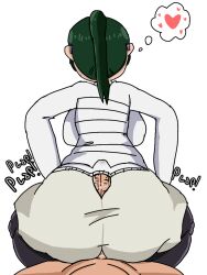 buttjob covered_buttjob glasses green_hair jujutsu_kaisen leggings looking_away pants ponytail short_pants sitting_on_lap sweat sweater zenin_maki