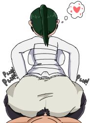 buttjob covered_buttjob glasses green_hair jujutsu_kaisen leggings looking_away pants ponytail ripped_clothing short_pants sitting_on_lap sweat sweater zenin_maki