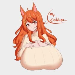 ara_ara big_breasts blush boob_window breasts brown_eyes dialogue eyebrows_visible_through_hair horse_ears huge_breasts indie_virtual_youtuber jcdr looking_at_viewer lucahjin moon_(ornament) orange_hair smile sweater virtual_youtuber vtuber