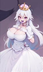 1girls ai_generated bangs boosette bow breasts breasts_press brooch cleavage clothed clothing collar collarbone crown dress evil eyebrows_visible_through_hair female female_focus female_only frilled_dress frills gem gems ghost girl hair_between_eyes hand_on_own_chest hands_on_breasts hands_on_chest hands_on_own_chest headwear huge_boobs huge_breasts jewelry long_dress long_gloves long_hair looking_at_viewer mario_(series) new_super_mario_bros._u_deluxe open_mouth purple_eyes purple_tongue sharp_teeth short_sleeves smile solo solo_female solo_focus standing super_crown tilted_headwear tongue_out very_long_hair white_bow white_collar white_dress white_gloves white_hair