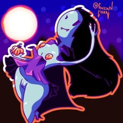 adventure_time breasts cape chszan_chan dress dress_lift fangs halloween holding_object marceline marceline_abadeer marceline_the_vampire_queen pumpkin pussy showing_breasts