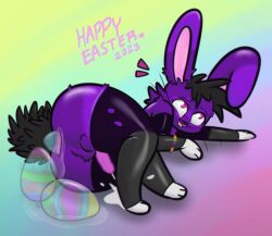 1boy ahe_gao anthro balls clothing easter easter_egg egg egg_in_ass egg_laying ejaculation eye_roll fishnet fur gaping genitals hi_res holidays lagomorph legwear leporid looking_pleasured lying male male_only mammal on_side pink_eyes purple_body purple_fur rabbit sex_toy solo stockings teasnapple thigh_highs translucent transparent_sex_toy